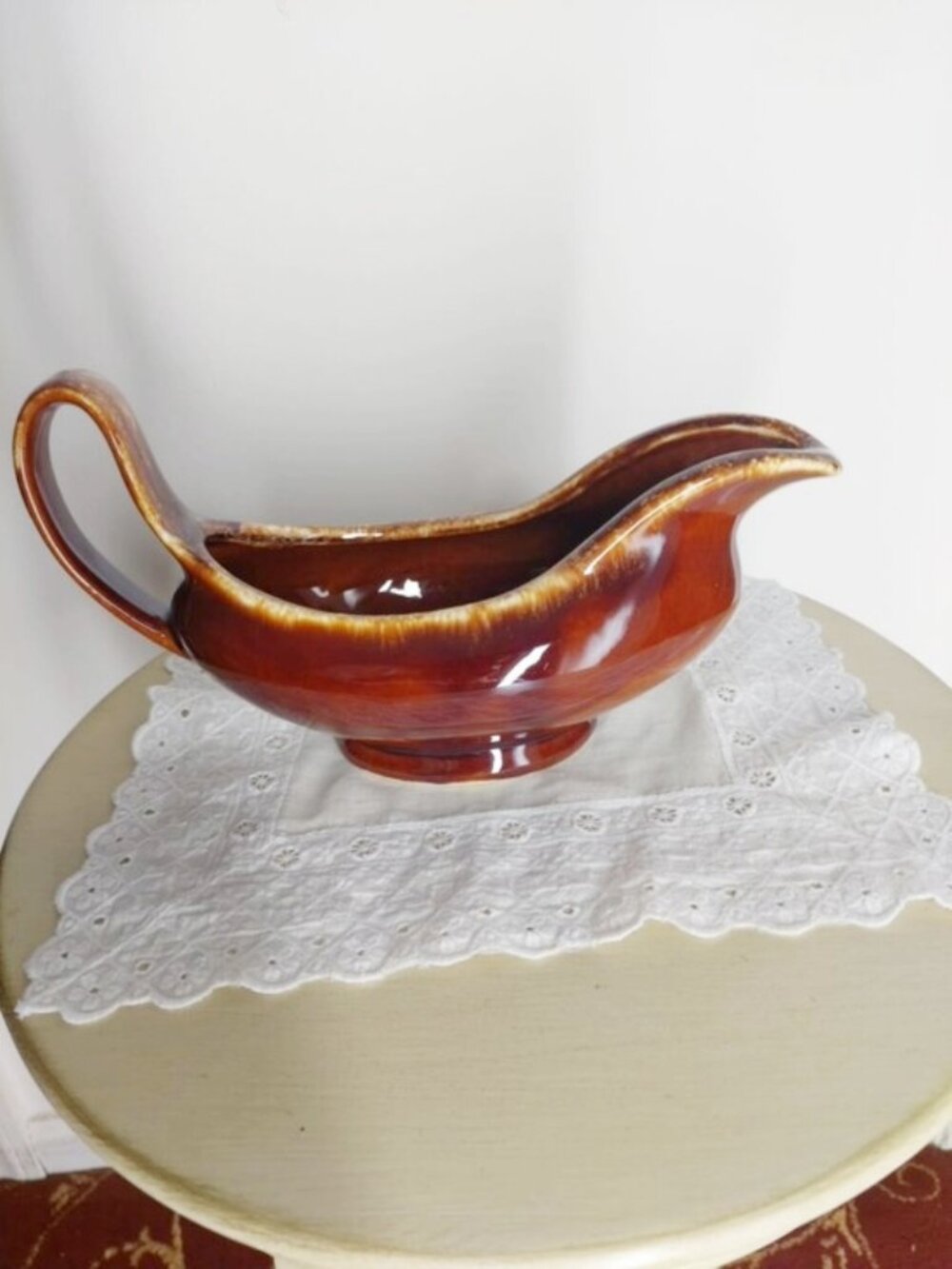 Glazed Brown Ceramic Sauce Boat with Gold-Trim Accent